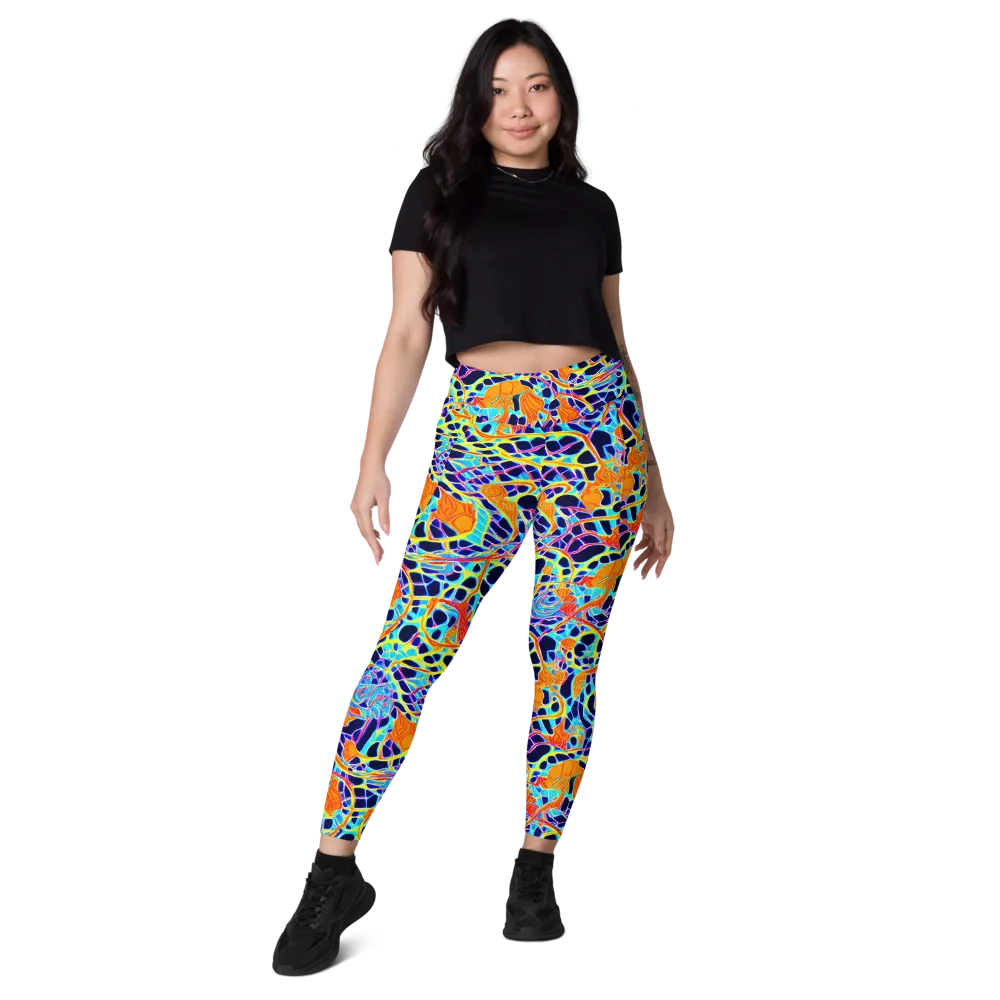Neon Coral Circuit on Leggings with Pockets — Front