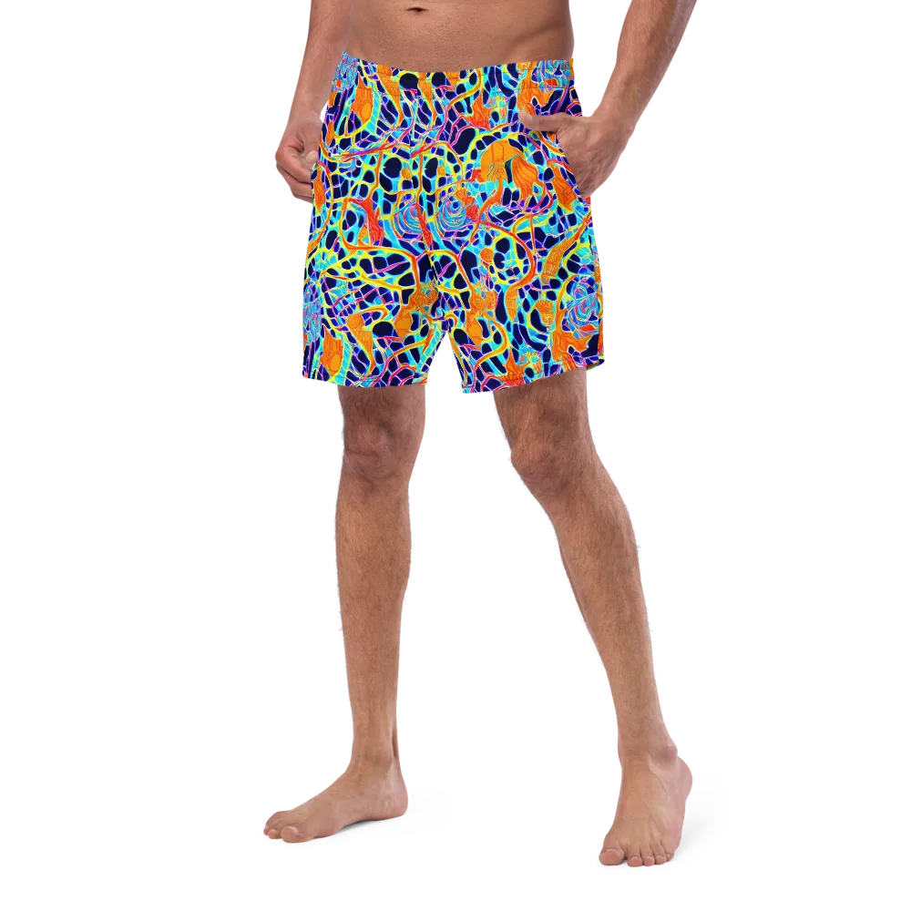 Neon Coral Circuit on Swim Trunks — Left Front