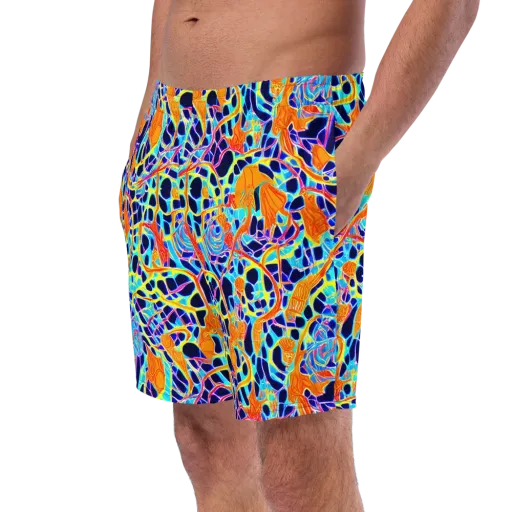Neon Coral Circuit on a Swim Trunks