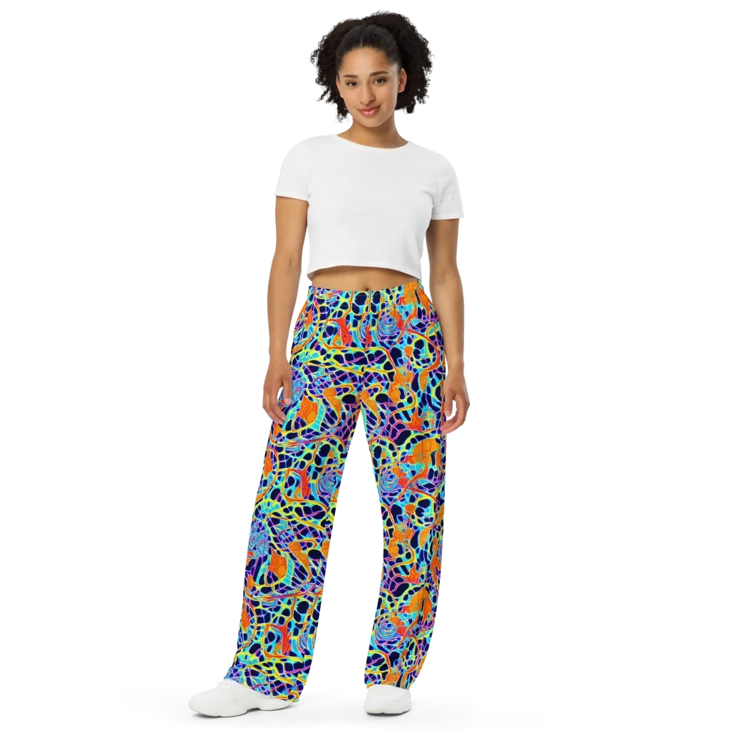 Neon Coral Circuit on Wide-Leg Pants — Front