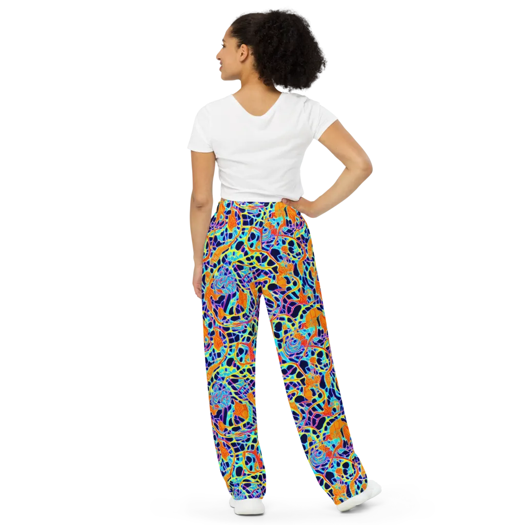 Neon Coral Circuit on Wide-Leg Pants — Back