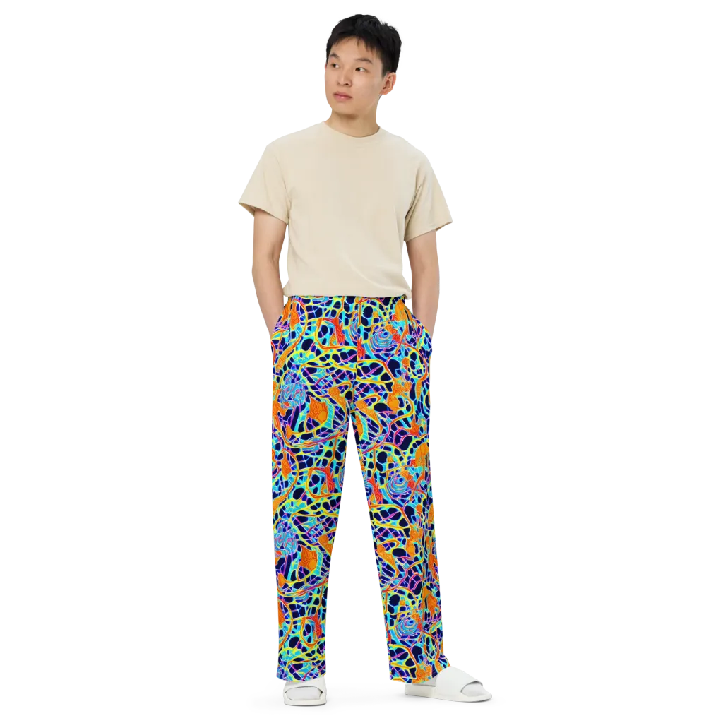 Neon Coral Circuit on Wide-Leg Pants — Front