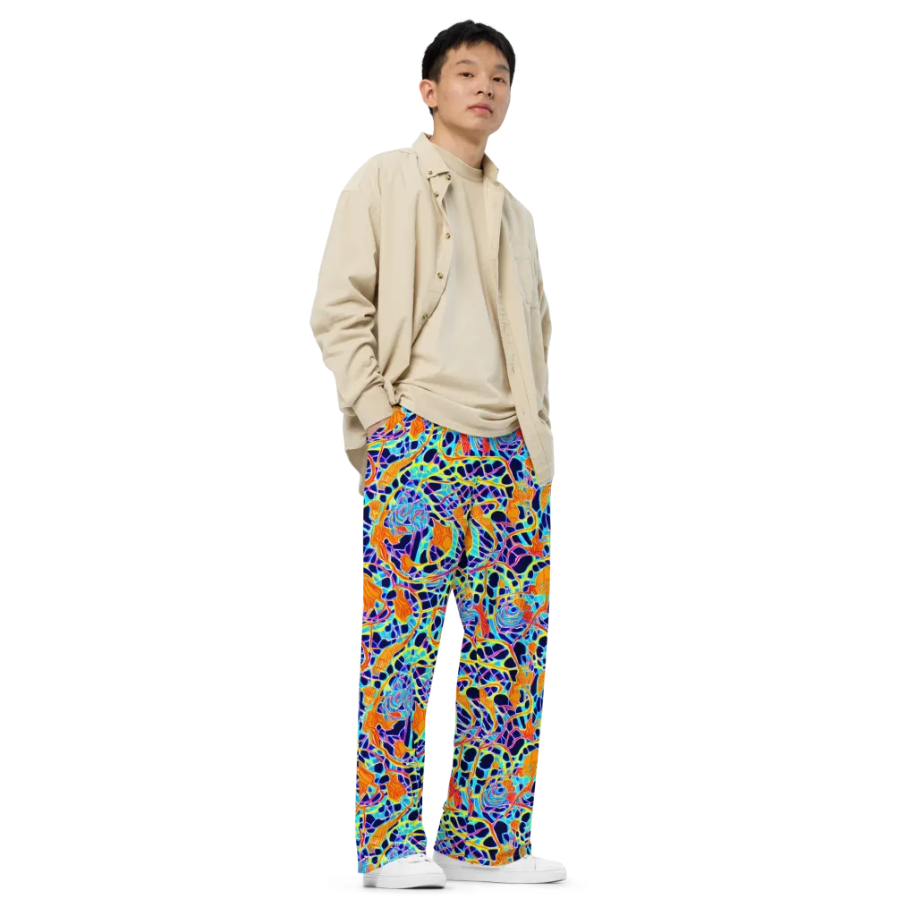 Neon Coral Circuit on Wide-Leg Pants — Right Front