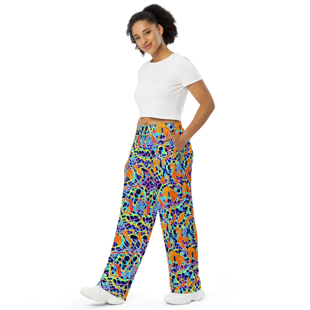 Neon Coral Circuit on Wide-Leg Pants — Left Front