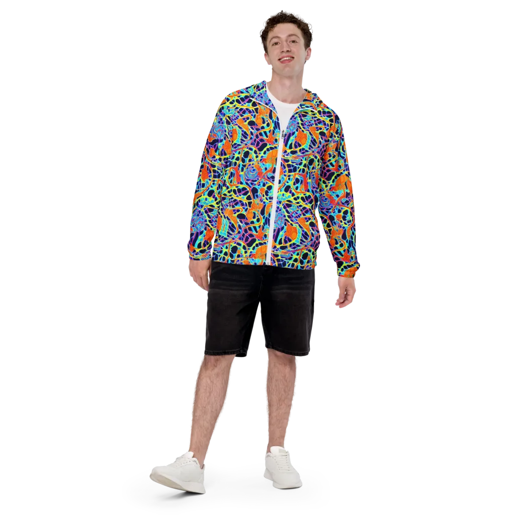Neon Coral Circuit on Men's Windbreaker — Front