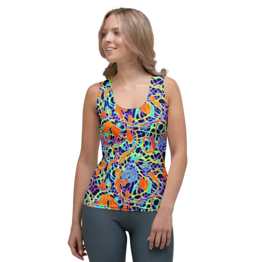 Neon Coral Circuit on a Women's Tank Top