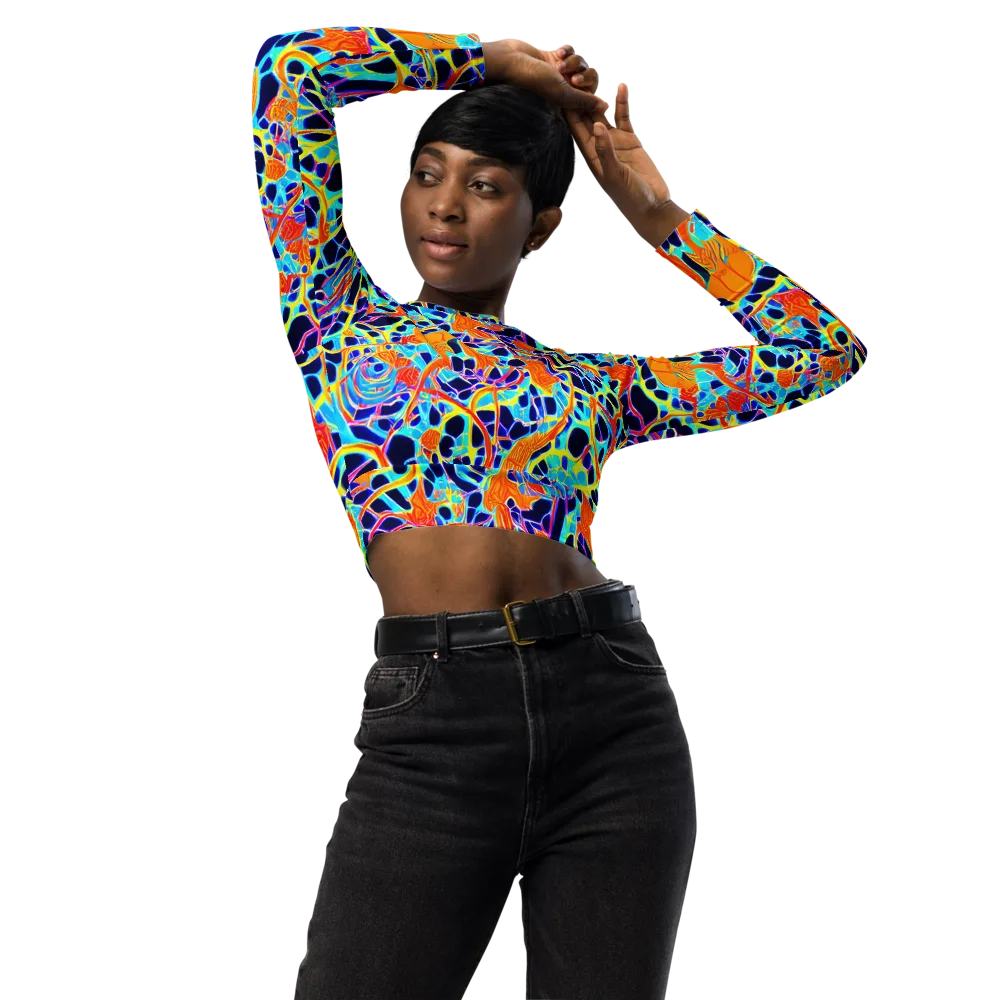 Neon Coral Circuit on Long Sleeve Crop Top — Front