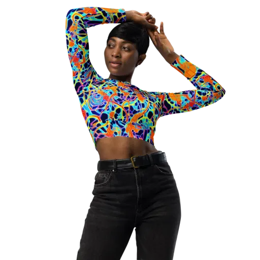 Neon Coral Circuit on a Long Sleeve Crop Top