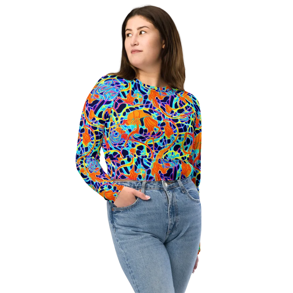 Neon Coral Circuit on Long Sleeve Crop Top — Front