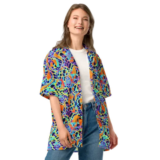 Neon Coral Circuit on a Button Shirt