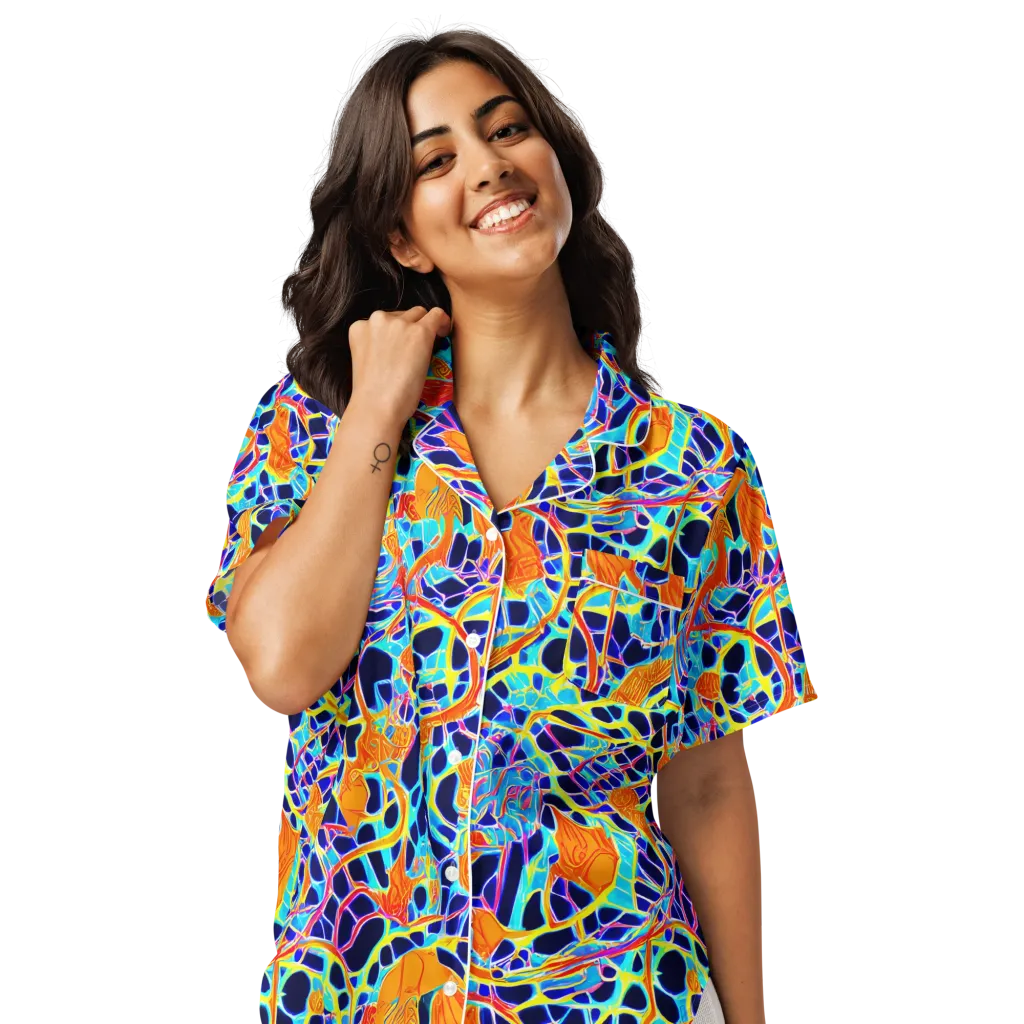 Neon Coral Circuit on Women's Short Sleeve Pajama Top — Front