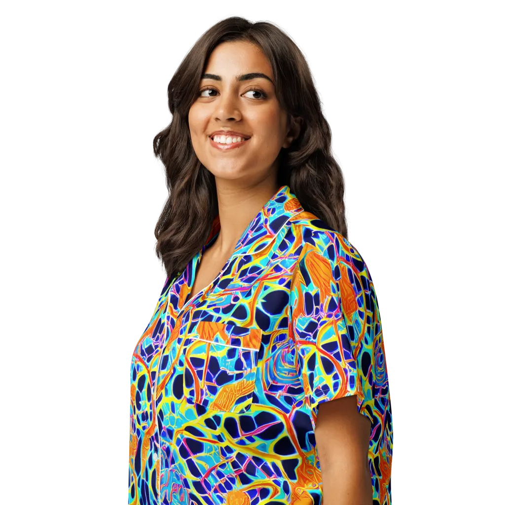 Neon Coral Circuit on Women's Short Sleeve Pajama Top — Left Front