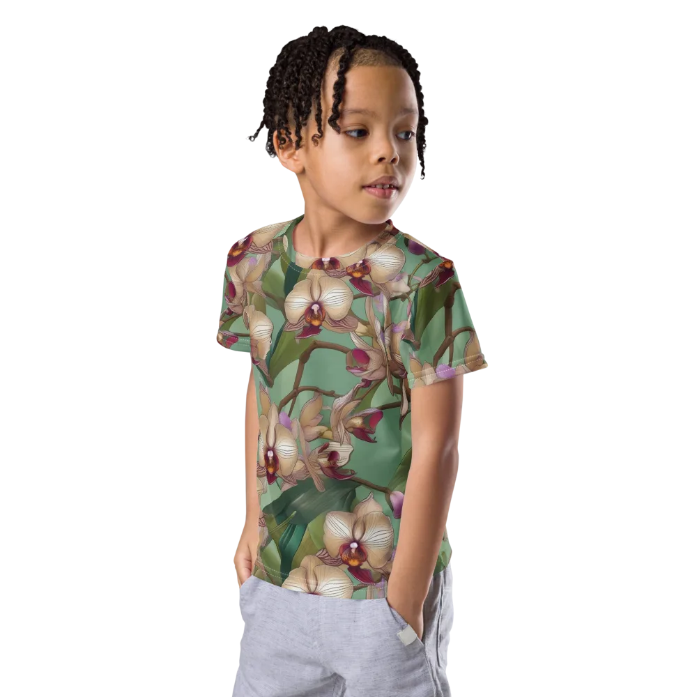Mosslight Orchids on Kids Crew Neck T-Shirt — Left Front