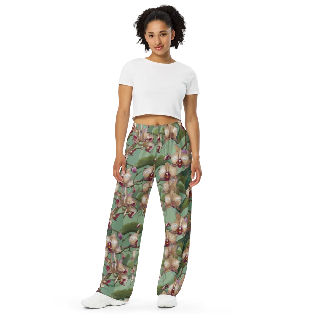 Mosslight Orchids on Wide-Leg Pants — Front