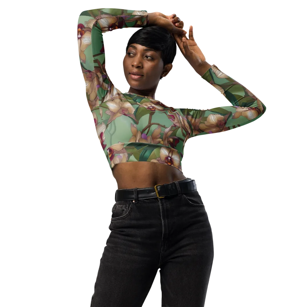 Mosslight Orchids on Long Sleeve Crop Top — Front