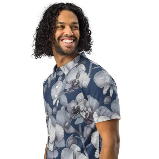 Blue Orchidarium on a Men's Slim Fit Polo Shirt