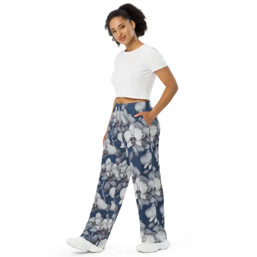 Blue Orchidarium on a Wide-Leg Pants