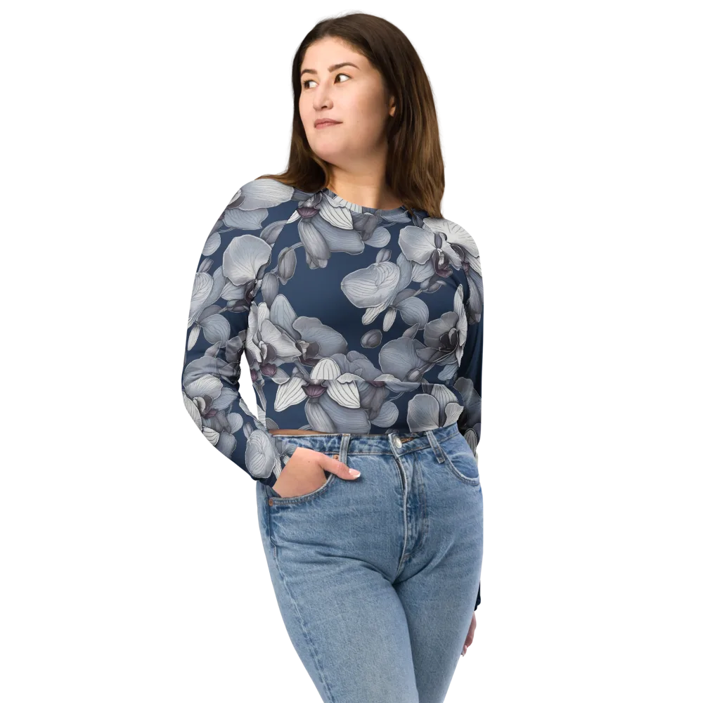 Blue Orchidarium on Long Sleeve Crop Top — Front
