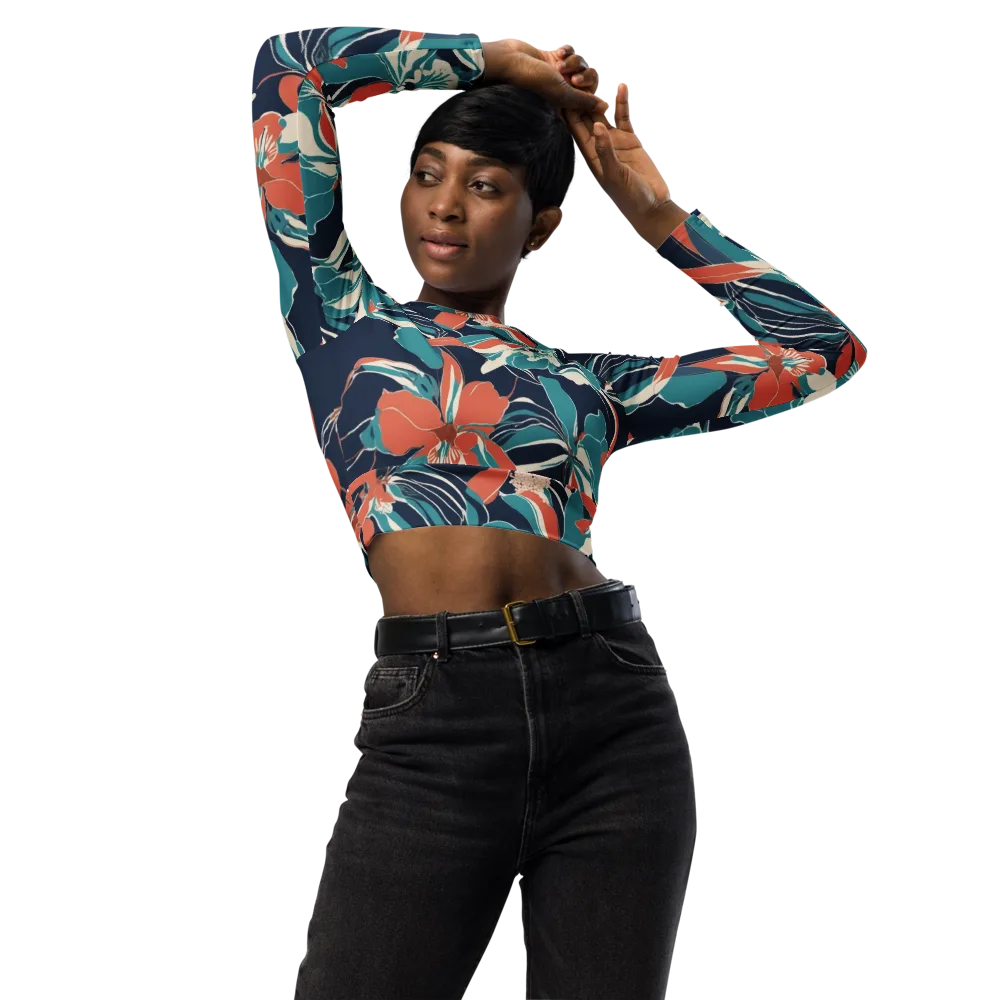 Tidal Blossoms on Long Sleeve Crop Top — Front
