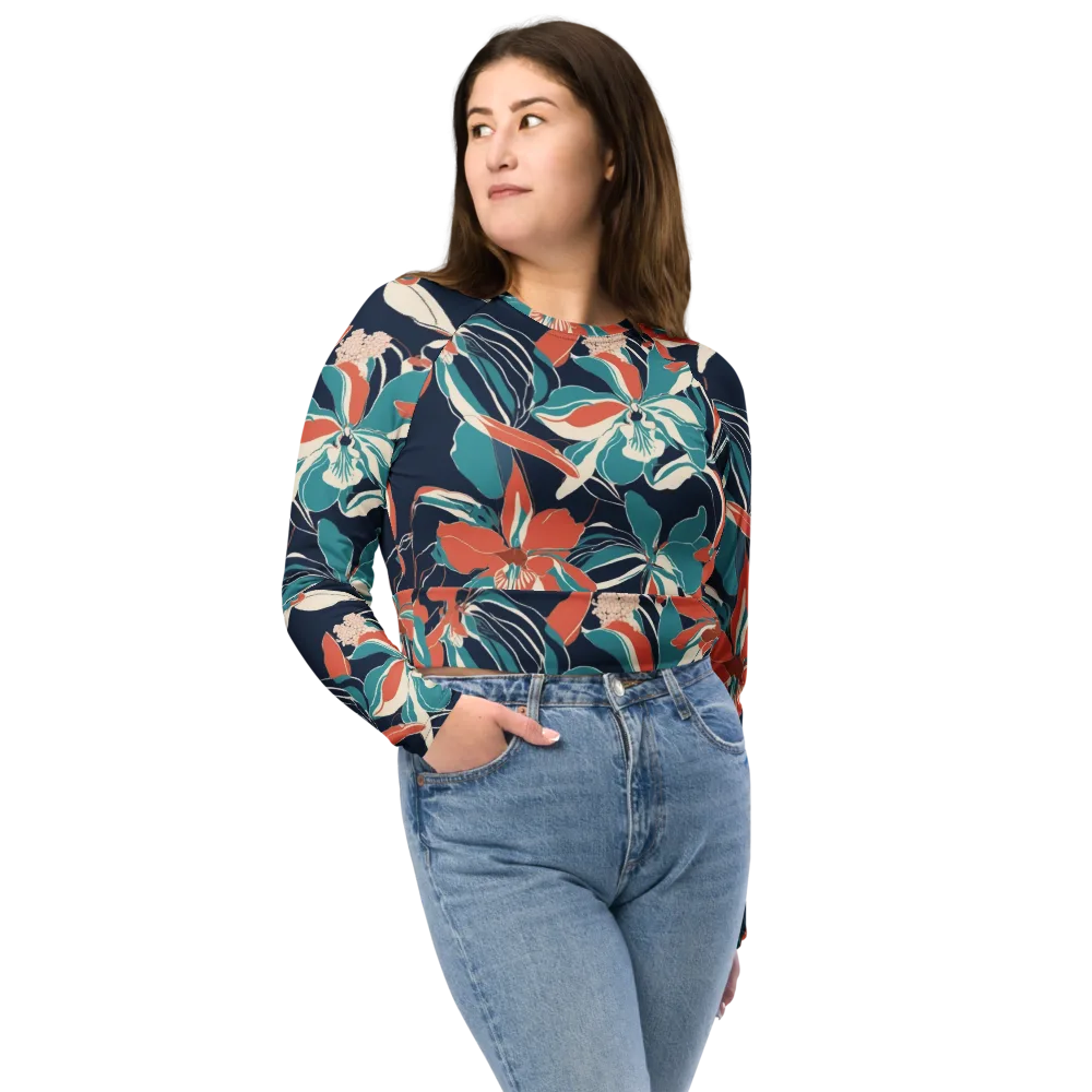 Tidal Blossoms on Long Sleeve Crop Top — Front