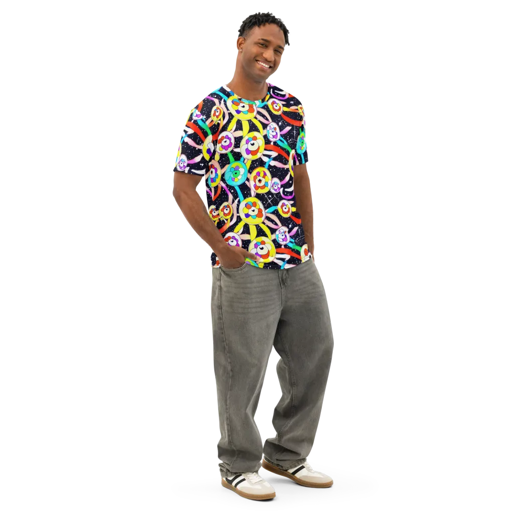 Cosmic Bloom Parade on Men's Cotton Crew Neck T-Shirt — Right Front