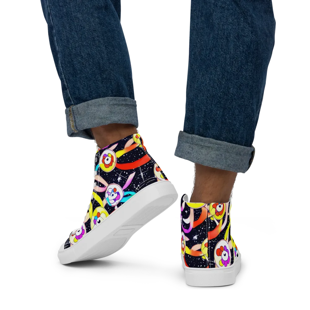 Cosmic Bloom Parade on Men's High Top Canvas Shoes — Back