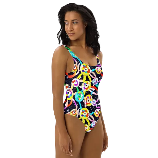 Cosmic Bloom Parade on a One-Piece Swimsuit