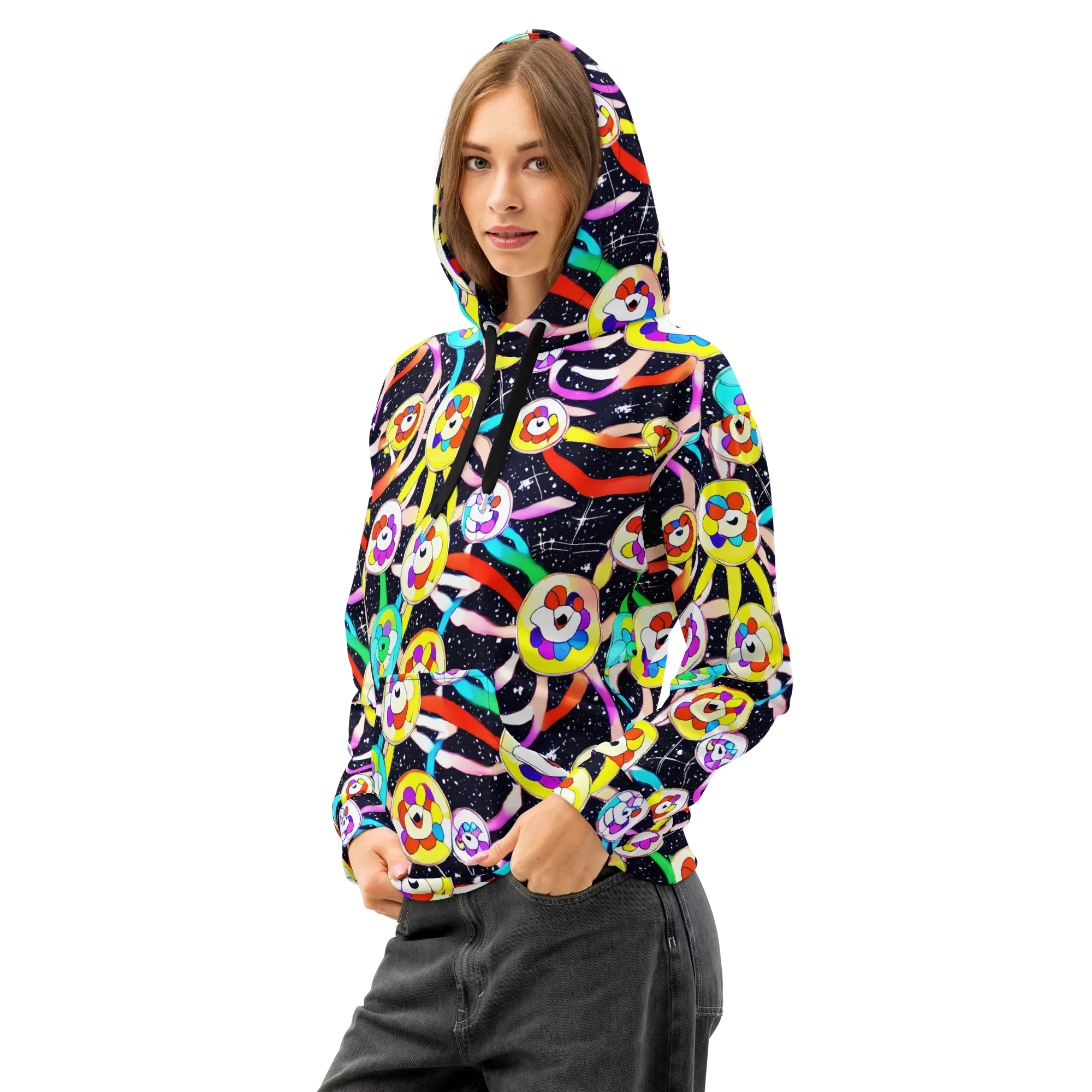 Cosmic Bloom Parade on Cotton Hoodie — Left Front