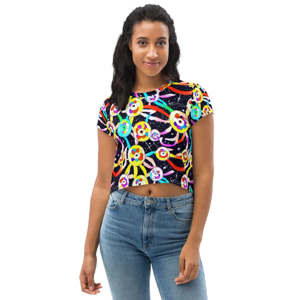 Cosmic Bloom Parade on Crop Tee — Front