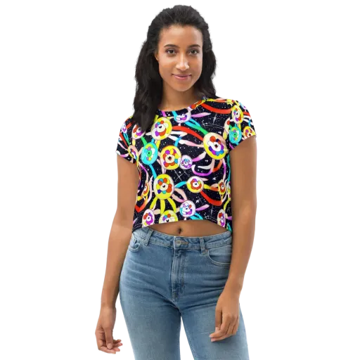 Cosmic Bloom Parade on a Crop Tee
