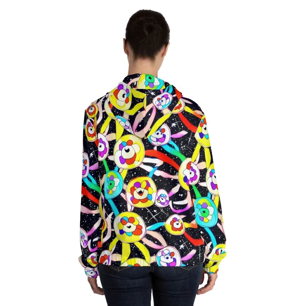 Cosmic Bloom Parade on Women's Full-Zip Hoodie — Back On Person