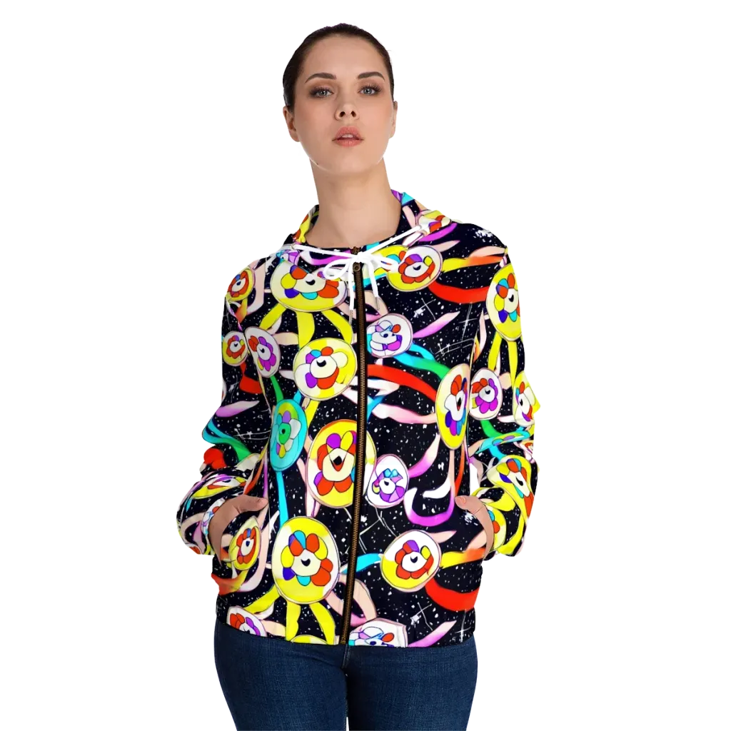 Cosmic Bloom Parade on Women's Full-Zip Hoodie — Front On Person