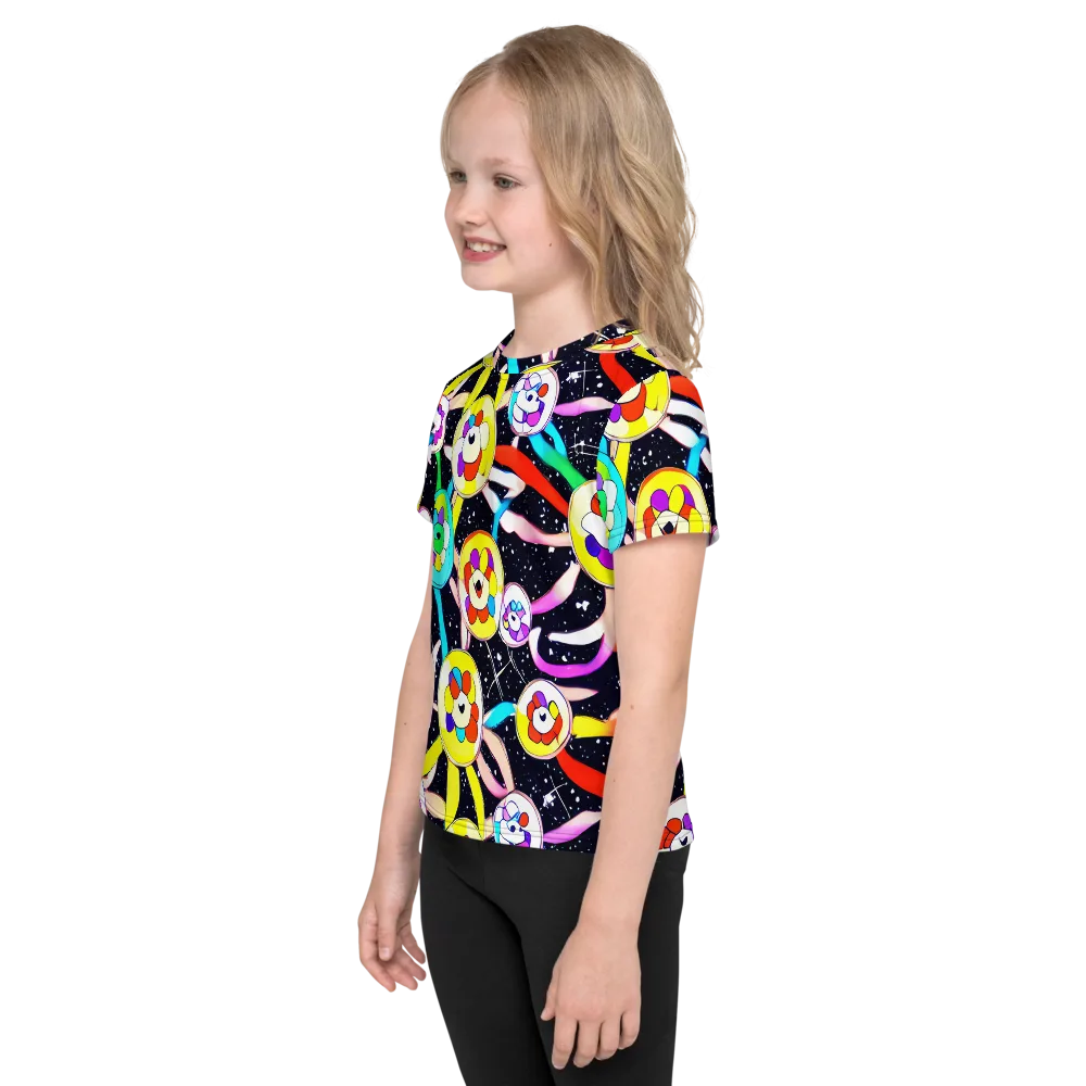 Cosmic Bloom Parade on Kids Crew Neck T-Shirt — Left