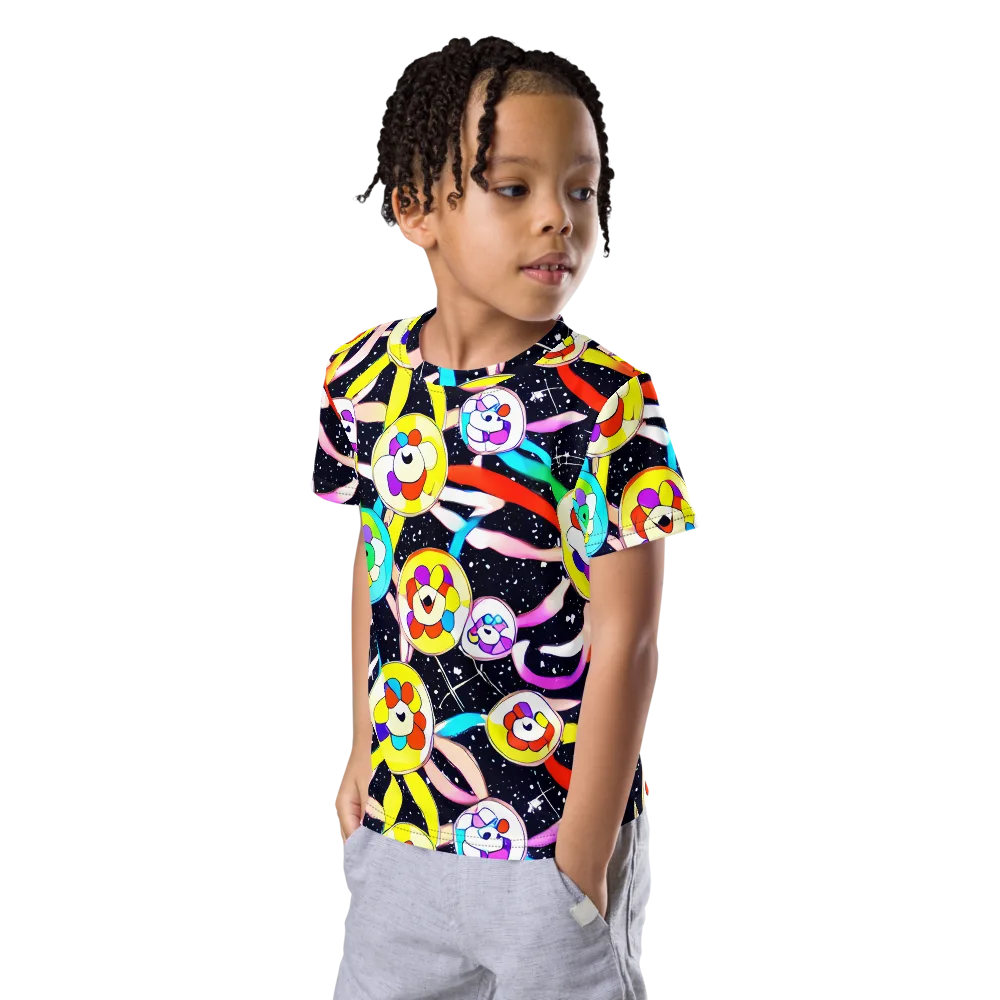 Cosmic Bloom Parade on Kids Crew Neck T-Shirt — Left Front