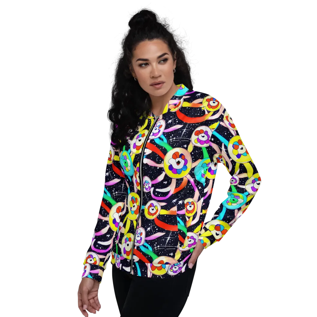 Cosmic Bloom Parade on Bomber Jacket — Left