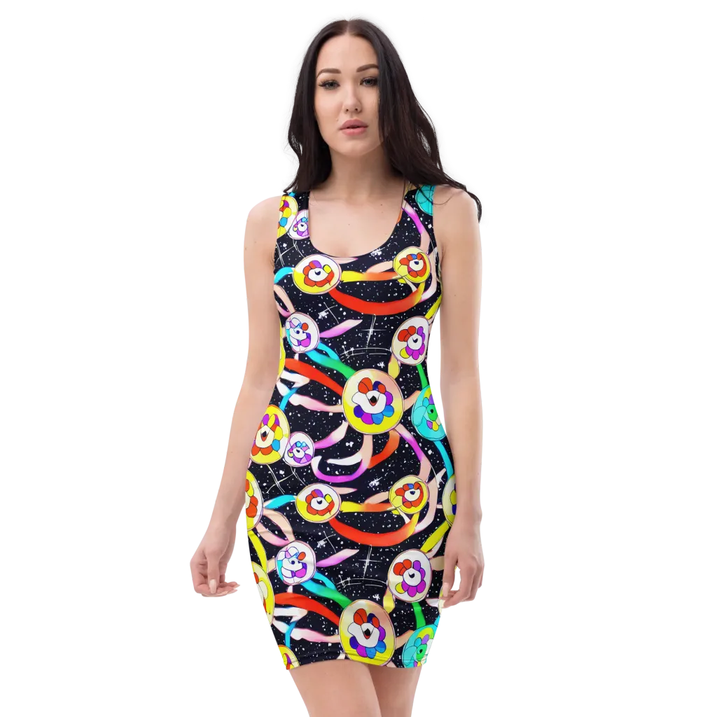 Cosmic Bloom Parade on Bodycon Dress — Front