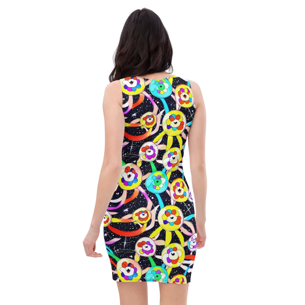 Cosmic Bloom Parade on Bodycon Dress — Back