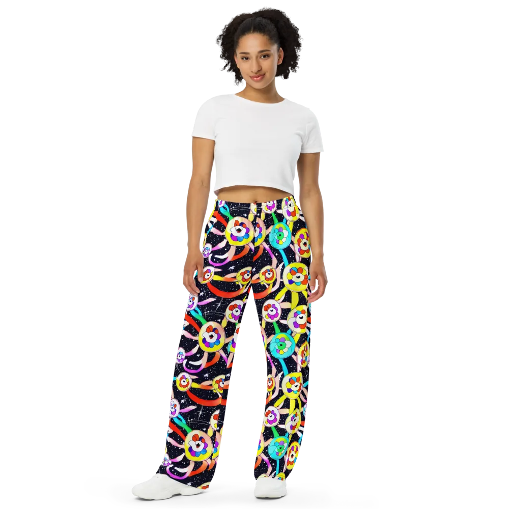 Cosmic Bloom Parade on Wide-Leg Pants — Front