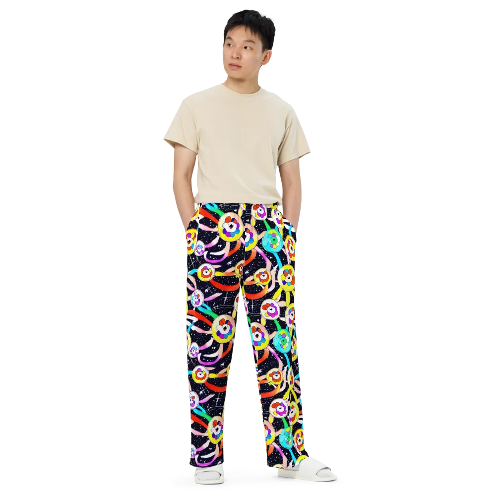 Cosmic Bloom Parade on Wide-Leg Pants — Front