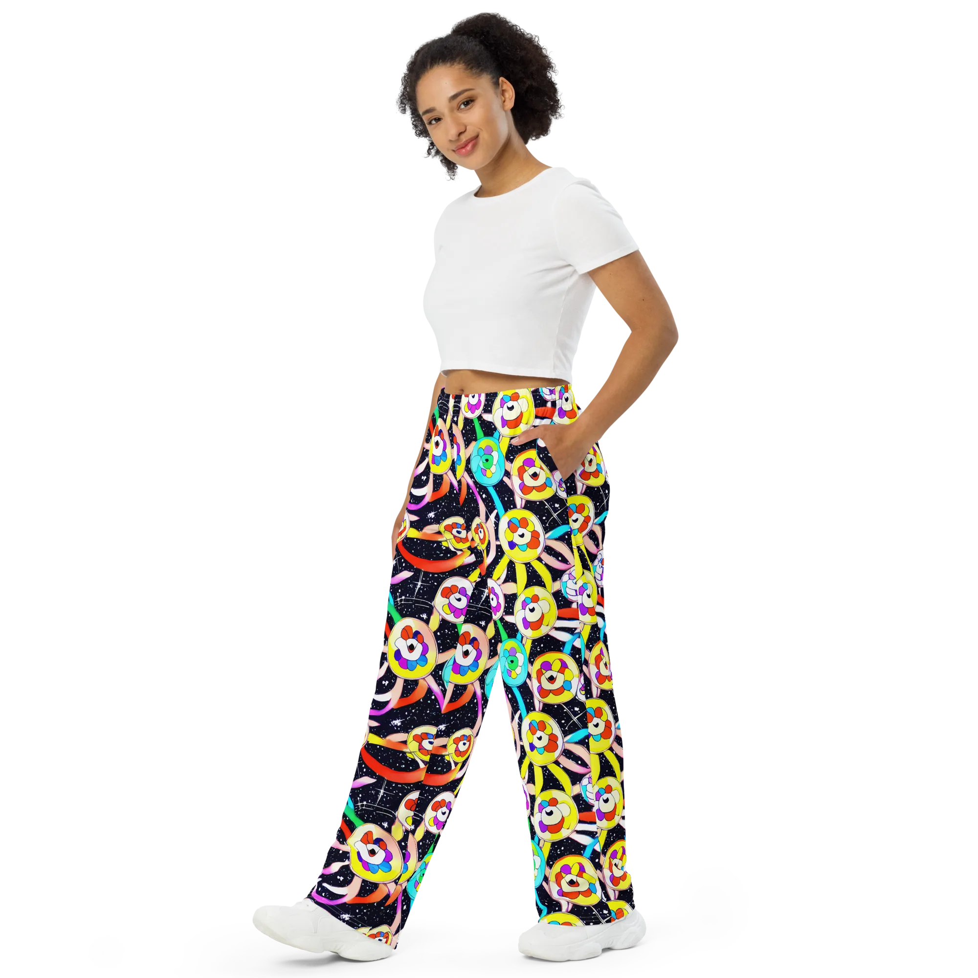 Cosmic Bloom Parade on Wide-Leg Pants — Left Front