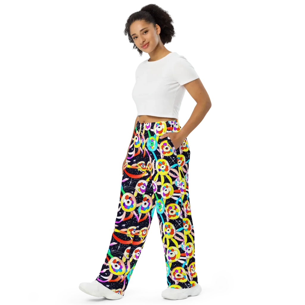 Cosmic Bloom Parade on Wide-Leg Pants — Left Front