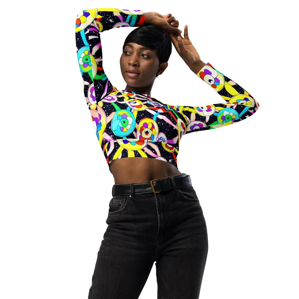 Cosmic Bloom Parade on Long Sleeve Crop Top — Front