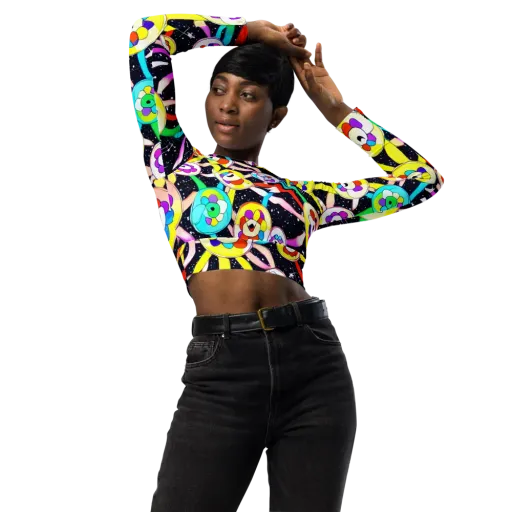 Cosmic Bloom Parade on a Long Sleeve Crop Top