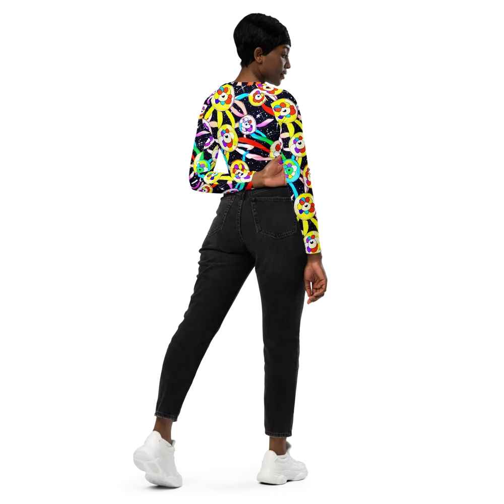 Cosmic Bloom Parade on Long Sleeve Crop Top — Right Back