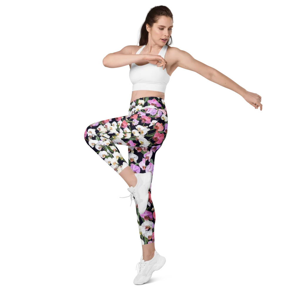 Velvet Phalaenopsis on Leggings with Pockets — Left Front
