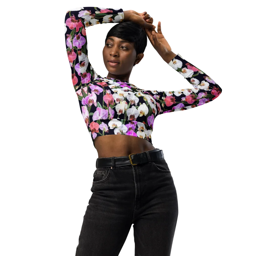 Velvet Phalaenopsis on Long Sleeve Crop Top — Front