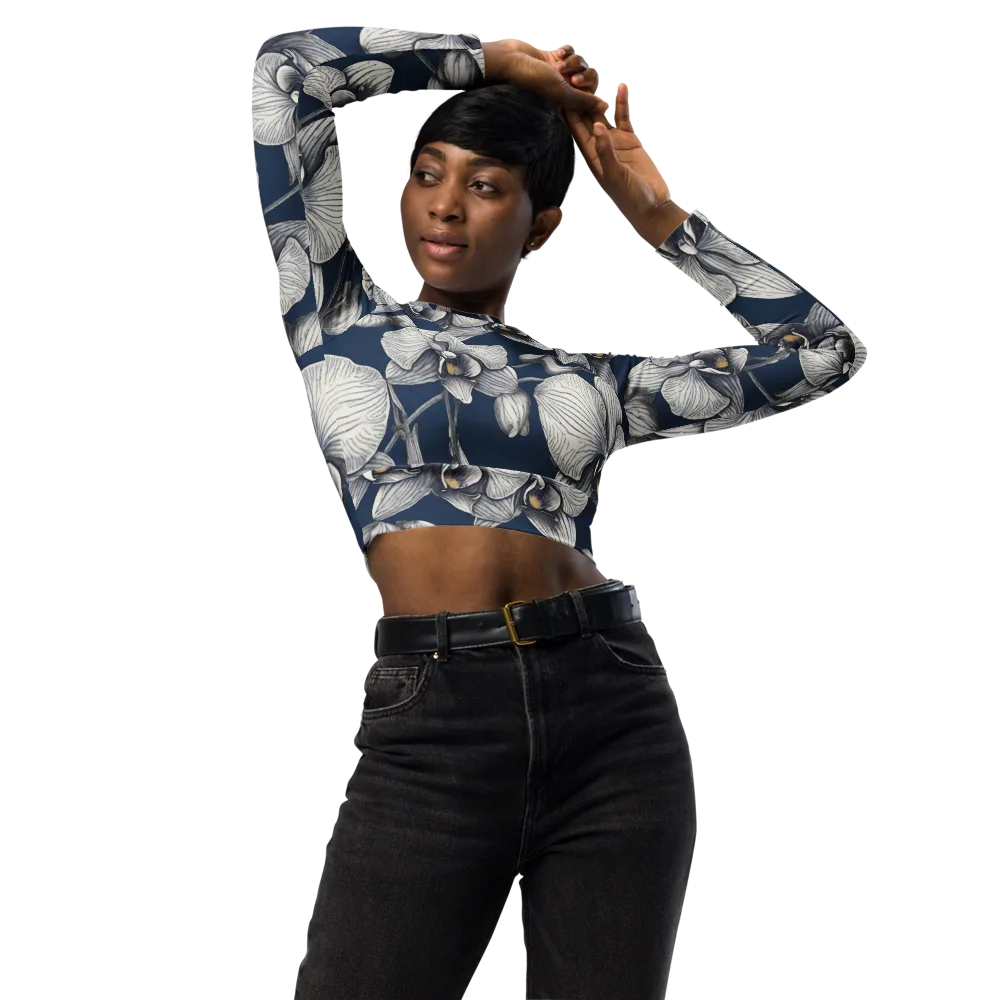 Moonlit Phalaenopsis on Long Sleeve Crop Top — Front