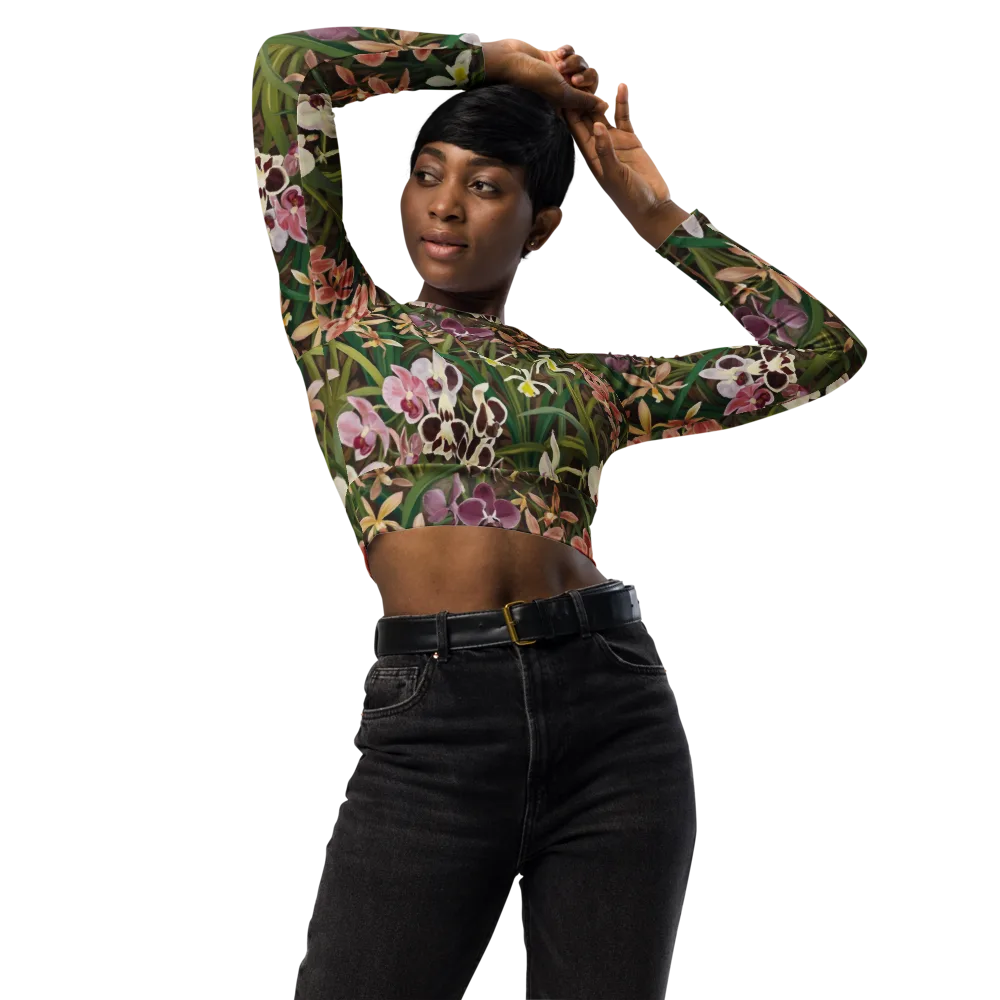 Velvet Orchidarium on Long Sleeve Crop Top — Front