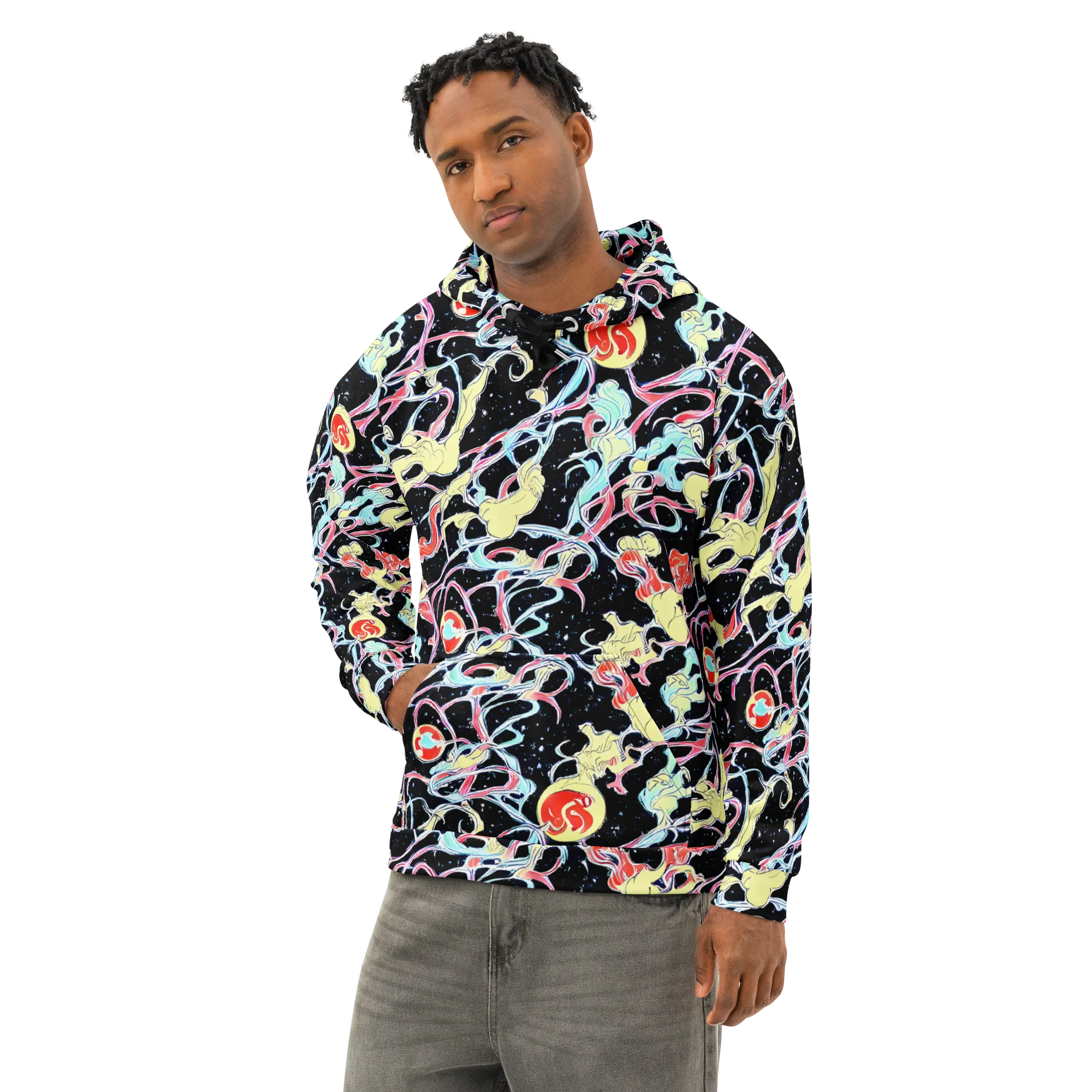 Galactic Whirl on Cotton Hoodie — Left Front