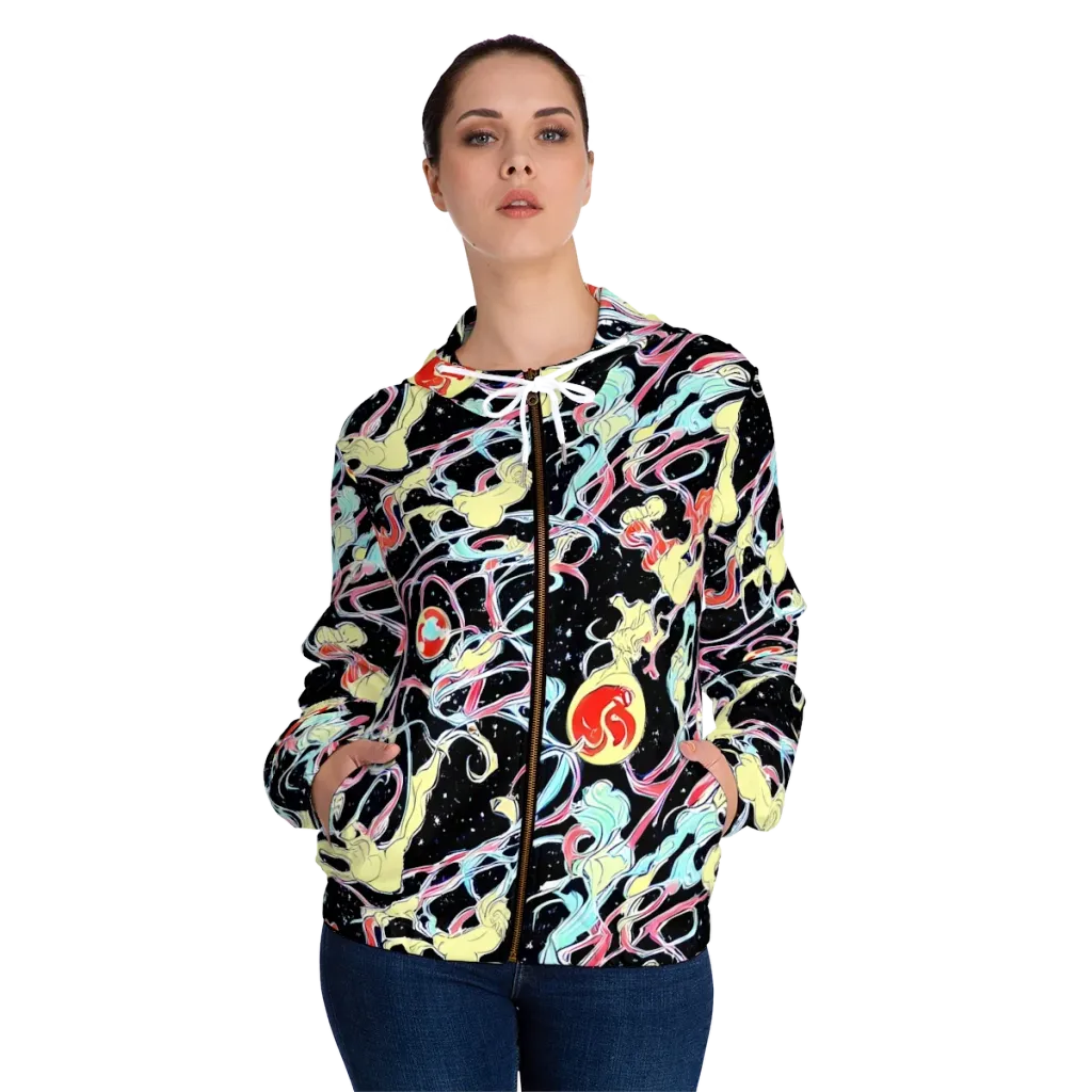 Galactic Whirl on Women's Full-Zip Hoodie — Front On Person